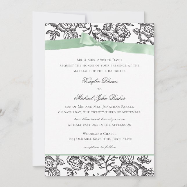 French Toile and Sage Green Bow Invitation (Front)