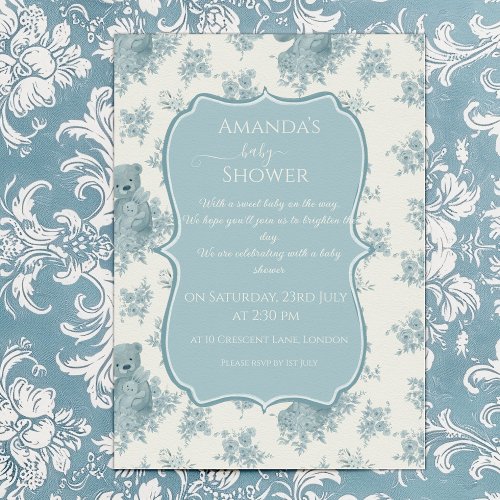 French Toile Bear and Bunny  Baby Shower Invitation