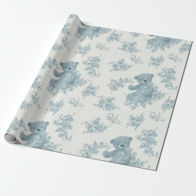 French Toile Bear and Bunny Wrapping Paper (Unrolled)