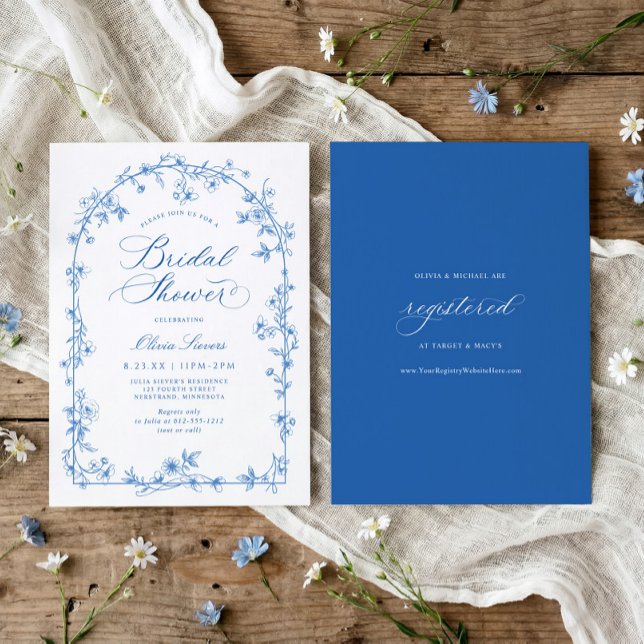 French Toile Blue and White Floral Bridal Shower Invitation (Blue and white wildflower bridal shower invitation with French vintage toile arch frame)