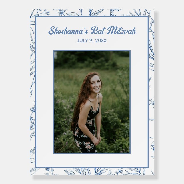 French Toile Blue Bat Mitzvah Photo Sign in Board (Front)