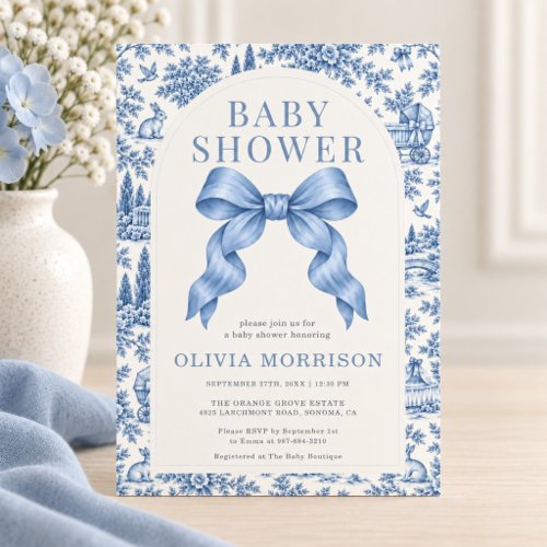 French Toile Blue Elegant baby shower invitation
