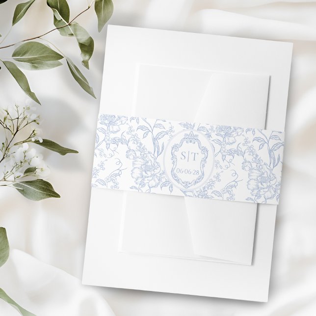 French Toile Blue Floral Chinoiserie Monogram Invitation Belly Band (Creator Uploaded)