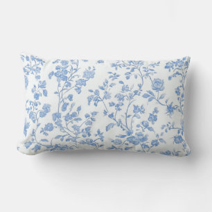 French Toile Blue Floral Lumbar Pillow