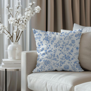 French Toile Blue Floral Throw Pillow