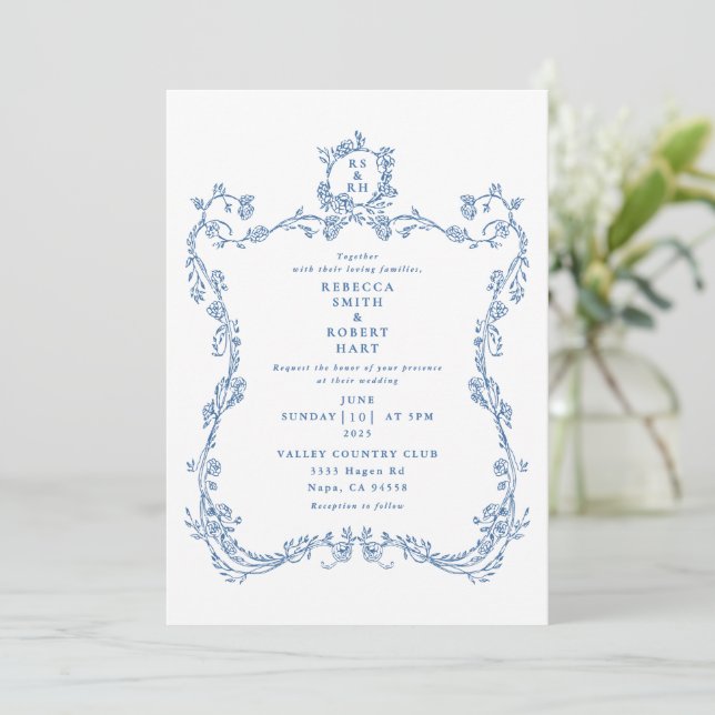 French Toile Blue Invitation 01 (Standing Front)