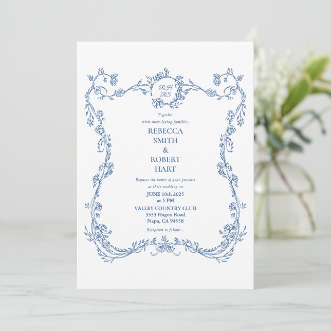 French Toile Blue Invitation 02 (Standing Front)