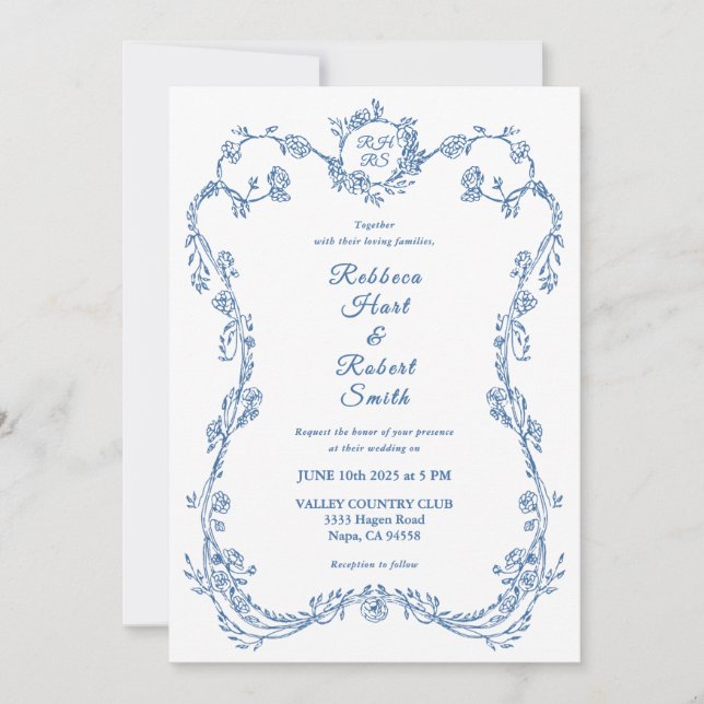 French Toile Blue Invitation 03 (Front)