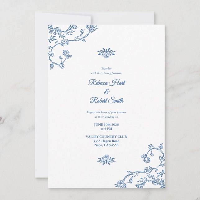 French Toile Blue Invitation 04 (Front)