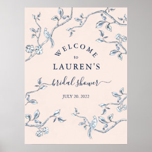 French Toile Blue & Pink Bridal shower Welcome  Poster