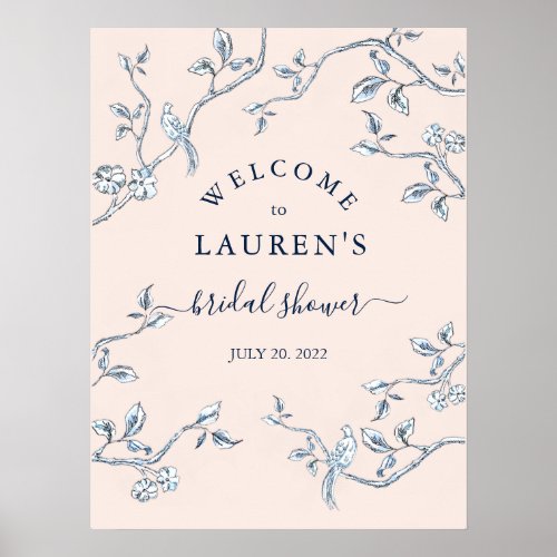 French Toile Blue  Pink Bridal shower Welcome  Poster