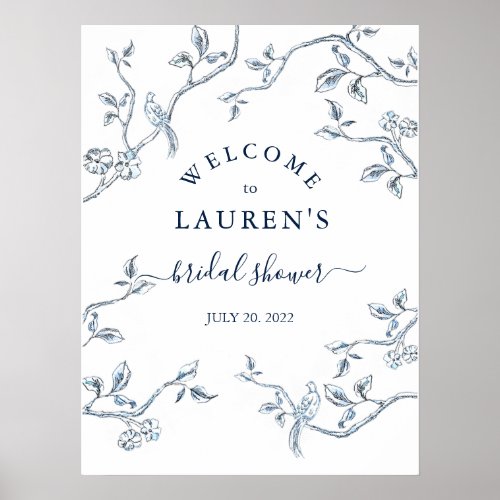 French Toile Blue  white Bridal shower Welcome  Poster