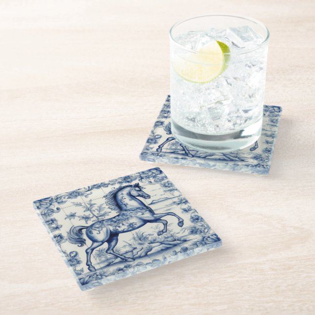 French Toile Carousel Horse Decorative Glass Coaster (Angled)