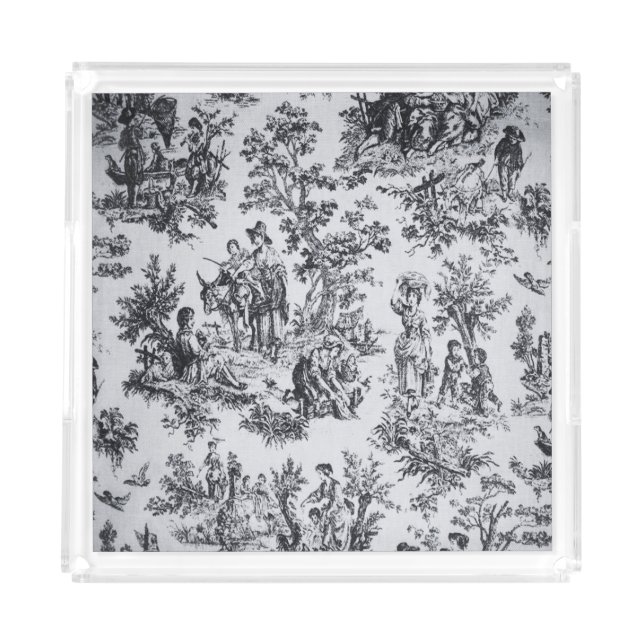 French toile de jouy black and white elegant  acrylic tray (Front)