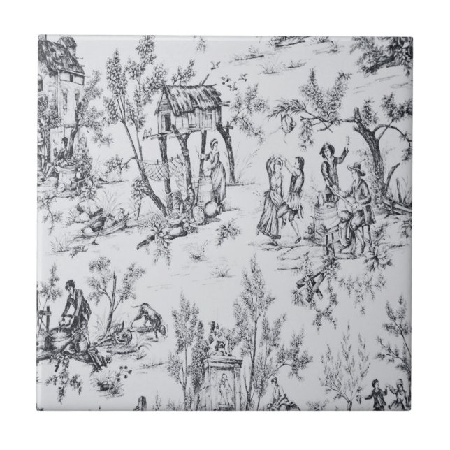 French toile de jouy black and white elegant art ceramic tile (Front)