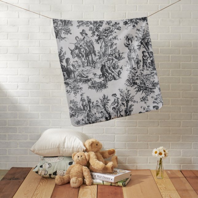 French toile de jouy black and white elegant baby blanket (In Situ)