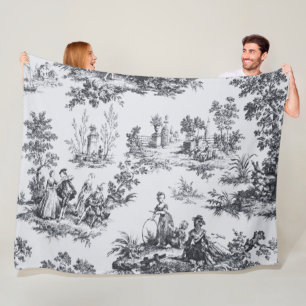 French toile de jouy black and white elegant fleece blanket