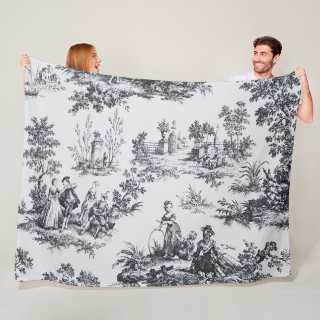 French toile de jouy black and white elegant fleece blanket (In Situ)
