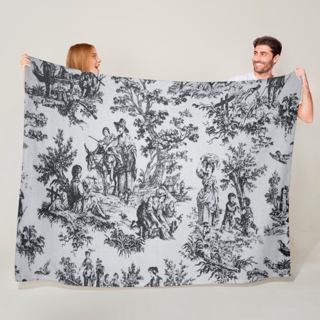 French toile de jouy black and white elegant fleece blanket (In Situ)