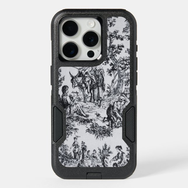 French toile de jouy black and white elegant iPhone 15 pro case (Back)