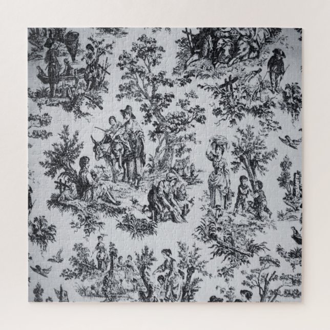French toile de jouy black and white elegant jigsaw puzzle (Vertical)