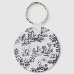 French toile de jouy black and white elegant keychain