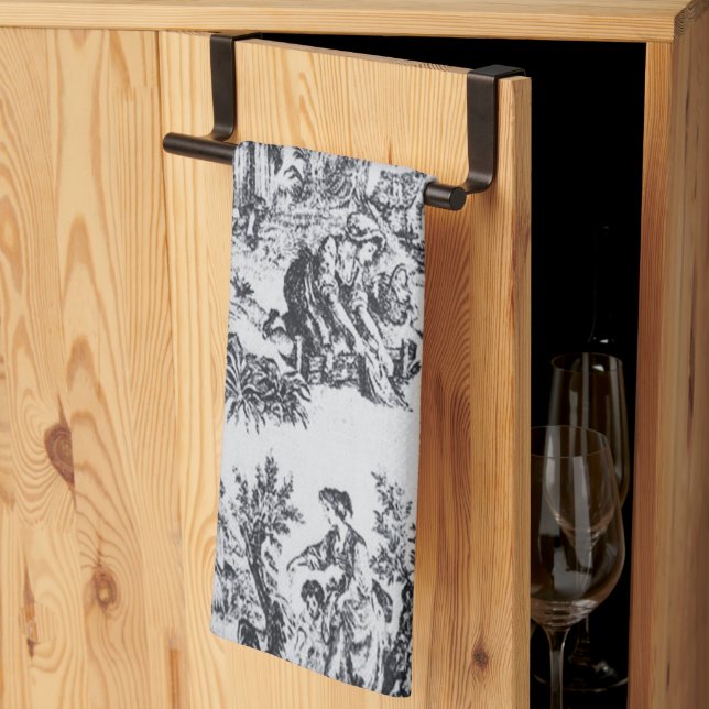 French toile de jouy black and white elegant kitchen towel (Thirds Fold)