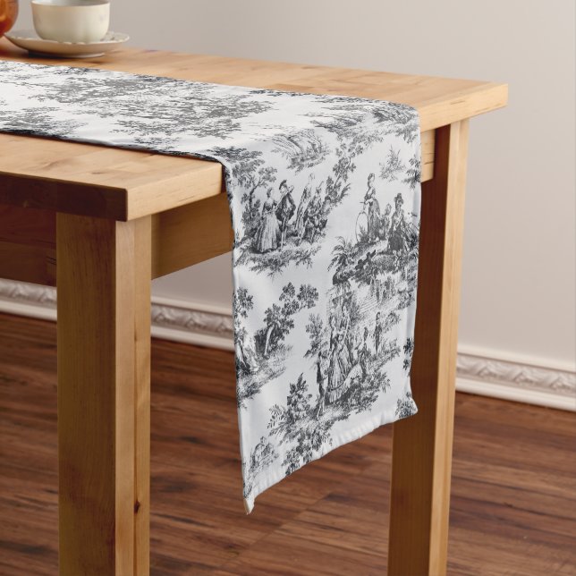 French toile de jouy black and white elegant long table runner (In Situ)