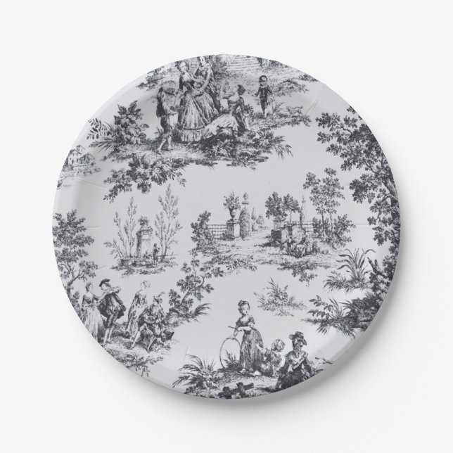 French toile de jouy black and white elegant paper plates (Front)