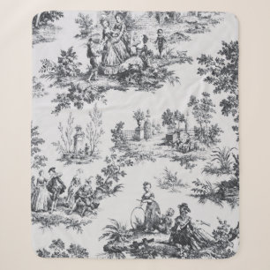 French toile de jouy black and white elegant sherpa blanket