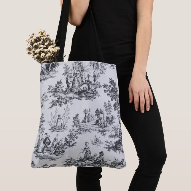 French toile de jouy black and white elegant tote bag (Close Up)
