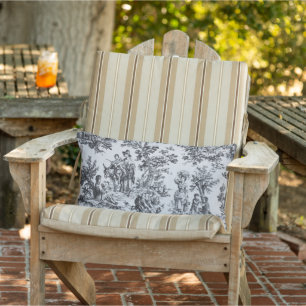 French toile de jouy black and white patio outdoor lumbar pillow