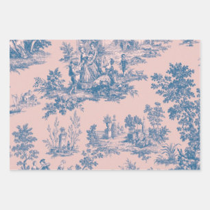 French toile de jouy blue and pink decoupage wrapping paper sheets