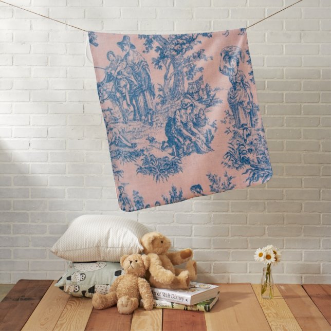 French toile de jouy blue and pink elegant baby blanket (In Situ)