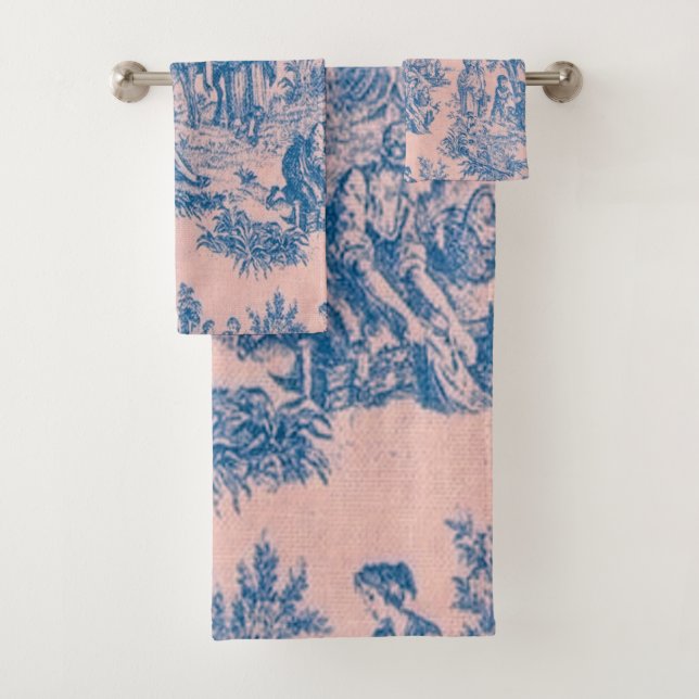 French toile de jouy blue and pink elegant bath towel set (Insitu)