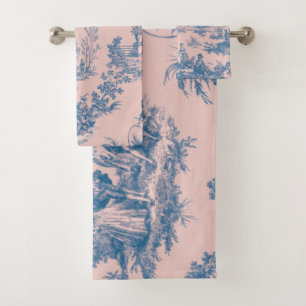 French toile de jouy blue and pink elegant bath towel set
