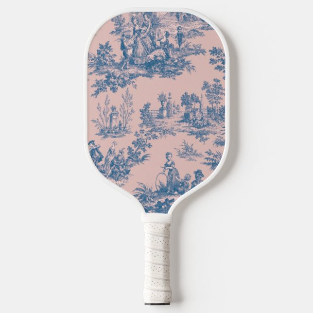 French toile de jouy blue and pink elegant carbon fiber pickleball paddle  (Front)