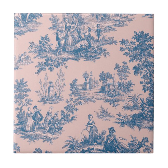 French toile de jouy blue and pink elegant ceramic tile (Front)