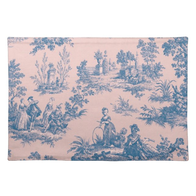 French toile de jouy blue and pink elegant cloth placemat (Front)