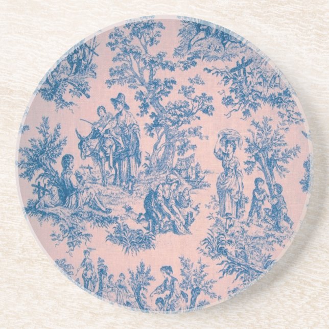 French toile de jouy blue and pink elegant coaster (Front)
