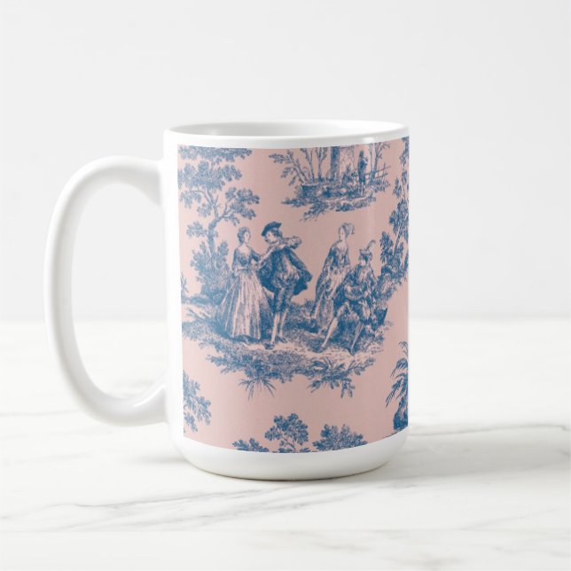 French toile de jouy blue and pink elegant coffee mug (Left)