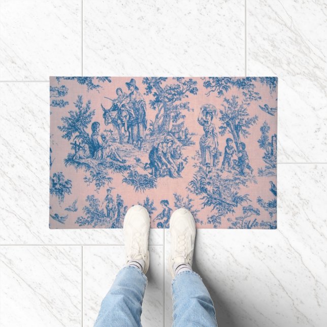 French toile de jouy blue and pink elegant doormat (Indoor)