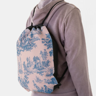 French toile de jouy blue and pink elegant drawstring bag