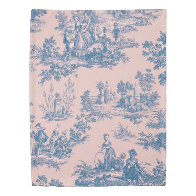 French toile de jouy blue and pink elegant duvet cover (Front)