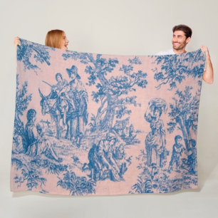 French toile de jouy blue and pink elegant fleece blanket