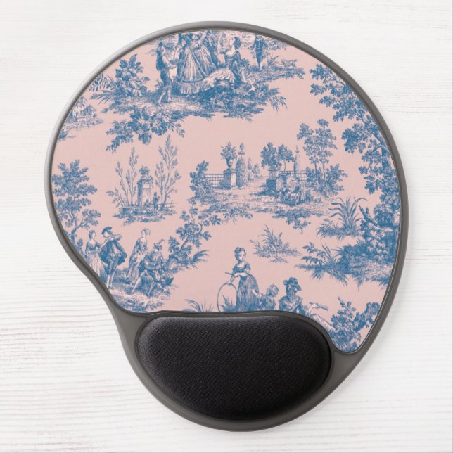 French toile de jouy blue and pink elegant gel mouse pad (Front)