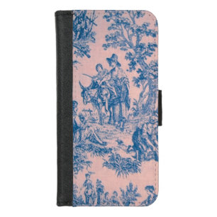 French toile de jouy blue and pink elegant iPhone 8/7 wallet case