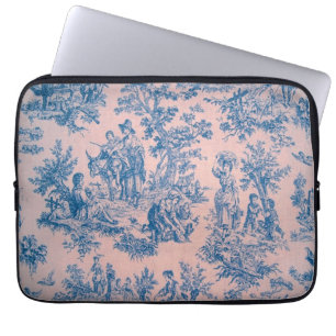 French toile de jouy blue and pink elegant laptop sleeve