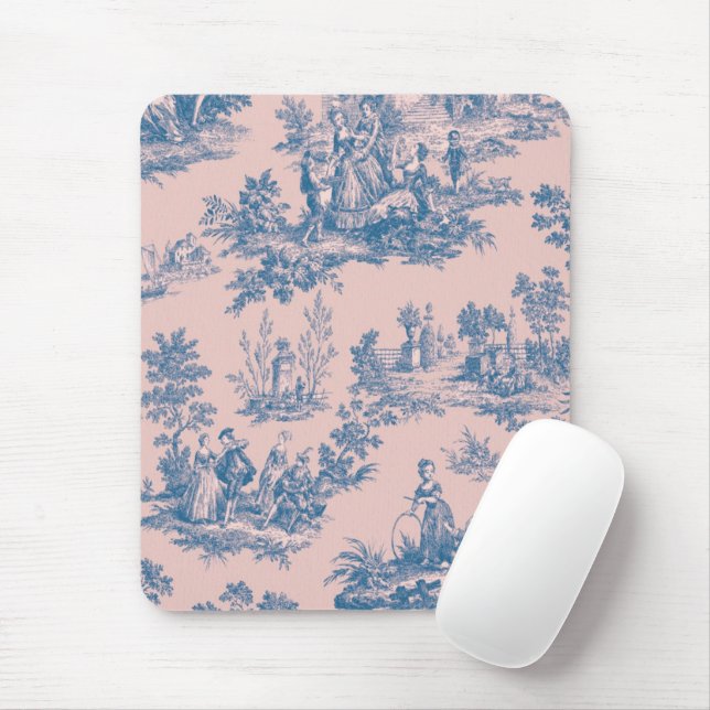 French toile de jouy blue and pink elegant mouse pad (With Mouse)