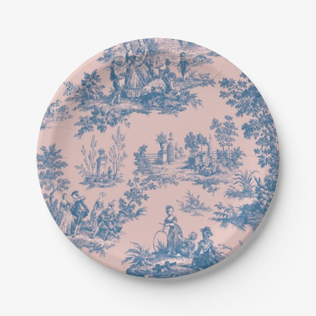 French toile de jouy blue and pink elegant paper plates (Front)